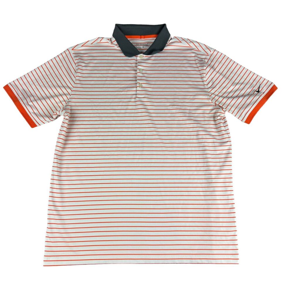 NIKE Golf Polo Shirt Mens Large White Orange Striped Short Sleeve Preppy Sporty